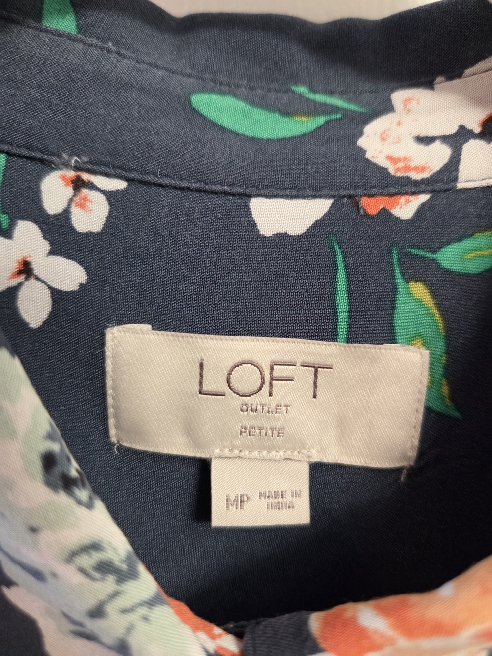 LOFT Navy Floral Button-Down Shirt with Orange and Cream Blooms - Picture 3 of 4